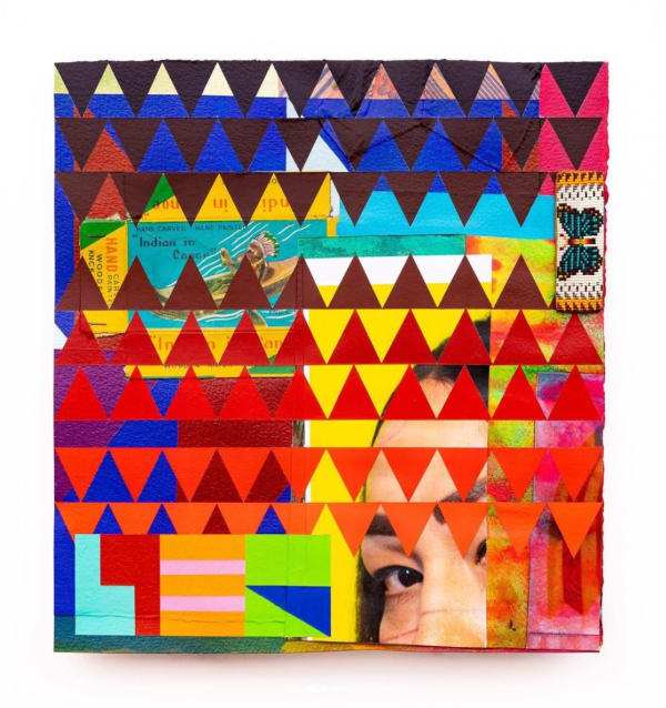 Jeffrey Gibson HER, 2022 Acrylic paint on archival pigment print, vintage paper toy box, vintage beaded barrette (glass beads, suede, glass beads), vintage fabric 13 7/8, 12 7/8, 3/4 in.