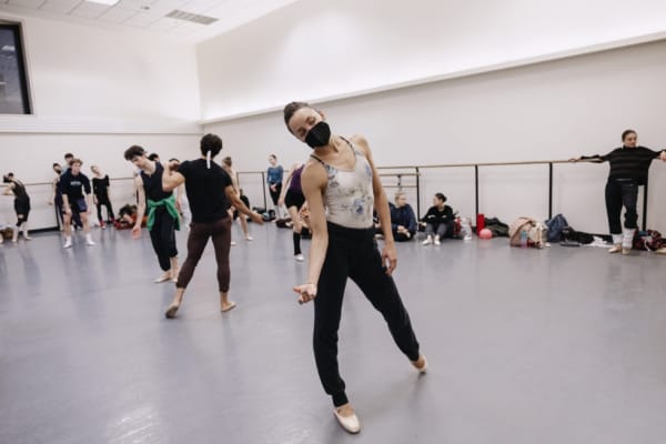 Image courtesy of New York City Ballet displaying Emily Kikta, center, rehearsing Copland Dance Episodes. Photo by Erin Baiano.