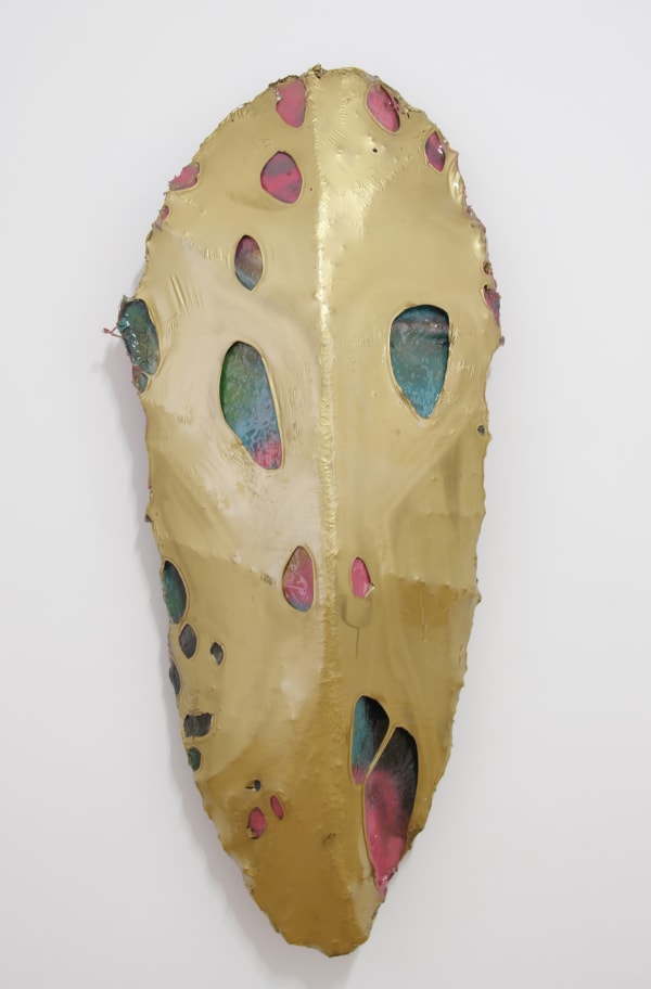 Brett Lund, Gold Mask, 2007, Fiberglass, shrink wrap, and spray paint, 51” x 19” x 4”