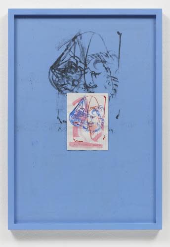 Aribert von Ostrowski Bleu 1-9 (3) 2009/2011 Plaka casein on wooden frame, UV 100, watercolor on gridded paper (5/20/09), black-and-white copy, and Plaka casein on newspaper page on museum board 53.1x37.2x2.5cm Courtesy of Galerie Christine Mayer, Munich