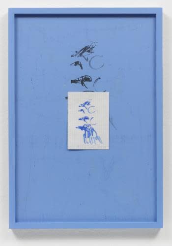 Aribert von Ostrowski Bleu 1-9 (6) 2009/2011 Plaka casein on wooden frame, UV 100, watercolor on gridded paper (5/20/09), black-and-white copy, and Plaka casein on newspaper page on museum board 53.1x37.2x2.5cm Courtesy of Galerie Christine Mayer, Munich