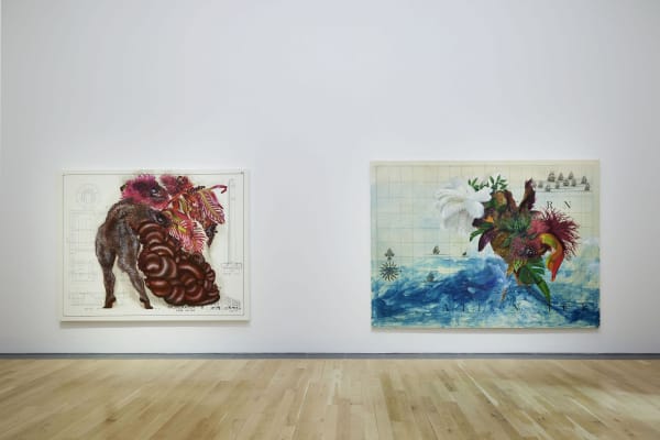 Left: Untitled (City Incinerator ‘B’), 2021 Acrylic and oil on archival printed canvas 88 5/8 x 113 3/4 x 1 5/8 in 225.1 x 288.9 x 4 cm Right: Untitled (A Map of the British Empire in America), 2021, Acrylic and oil on archival printed canvas, 96 7/8 x 132 1/4 x 1 5/8 in, 245.9 x 335.8 x 4. Courtesy the Artist and James Cohan, New York. Photography: Stuart Whipps.