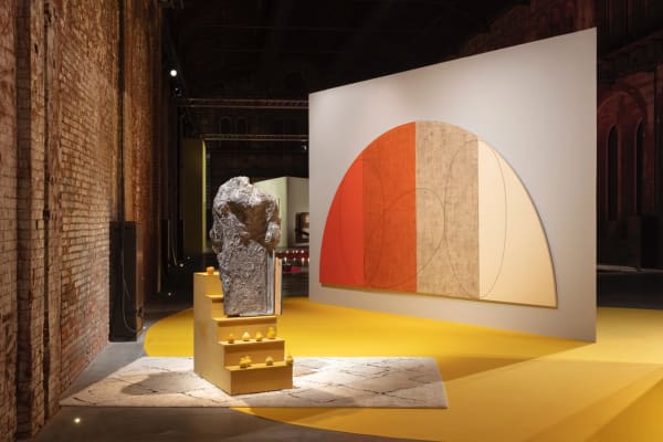 Rachel Harrison Kouros Descends Stairs, 2008. Robert Mangold Curved Plane / Figure XI, 1995.