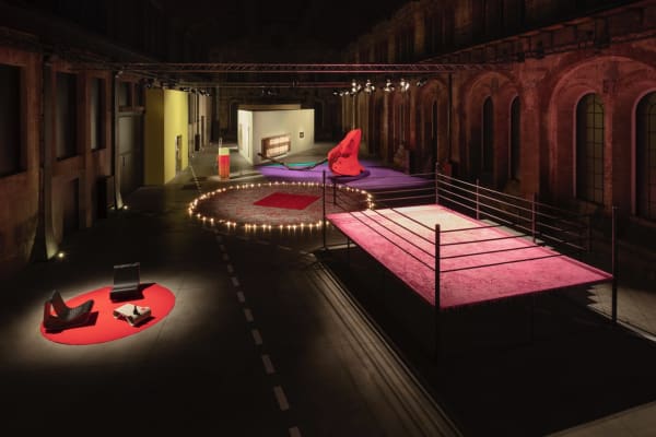 Monica Bonvicini Bonded ed eternmale, 2002 in the foreground. Jessica Stockholder, wrestling ring. Mona Hatoum Undercurrent (Red), 2008. Jessica Stockholder Squeezed orange actor stack: Ode to Liz Larner. Claes Oldenburg and Coosje Van Bruggen Dropped Flower, 2006. Reinhard Mucha Seelow (Für François Robelin), 2003-2006. Vito Acconci Directions, 1969.