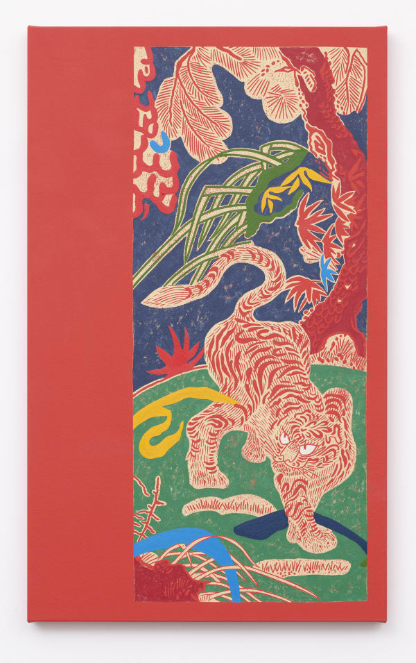 Kour Pour, Prowling Surrealist Landscapes, 2022. Block printing ink, acrylic and oil on canvas, 43 x 26 in. Courtesy of Gallery 1957.