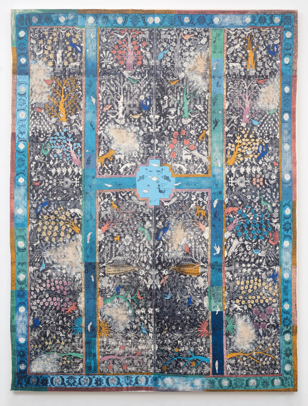 Kour Pour, Smaller Home Is Where I Lay My Rug, 2021/2022. Acrylic on canvas over panel, 96 x 72 in. Courtesy of Gallery 1957.