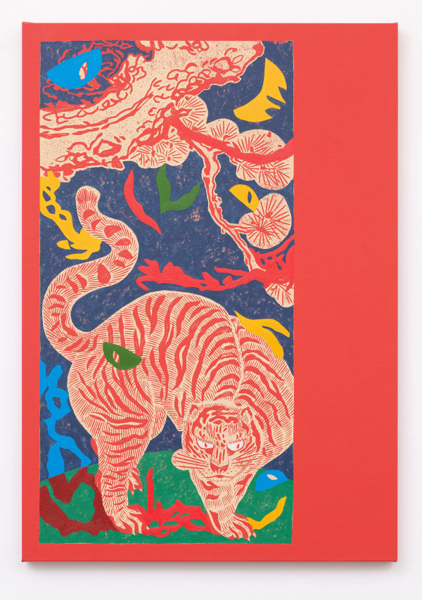 Kour Pour, Smaller Prowling Surrealist Landscapes, 2022. Block printing ink, acrylic, and oil on canvas, 43 x 30 in. Courtesy of Gallery 1957.