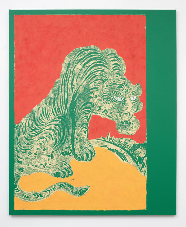Kour Pour, Smaller Tiger In A Color Field, 2022. Block printing ink and acrylic on canvas, 80 x 65 in. Courtesy of Gallery 1957.