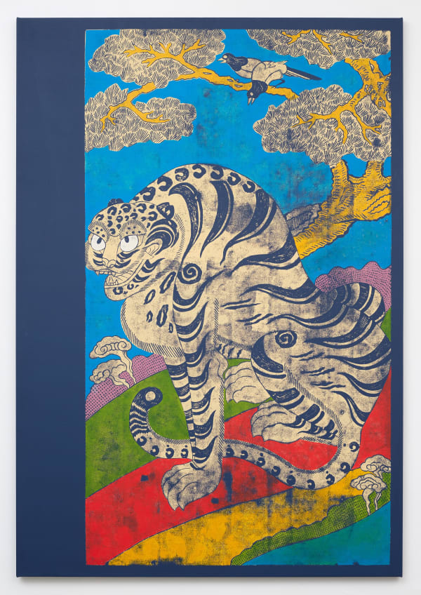 Kour Pour, Smaller Tiger In Pop Land, 2022. Block printing ink, acrylic, and oil on canvas, 94 x 65 in. Courtesy of Gallery 1957.