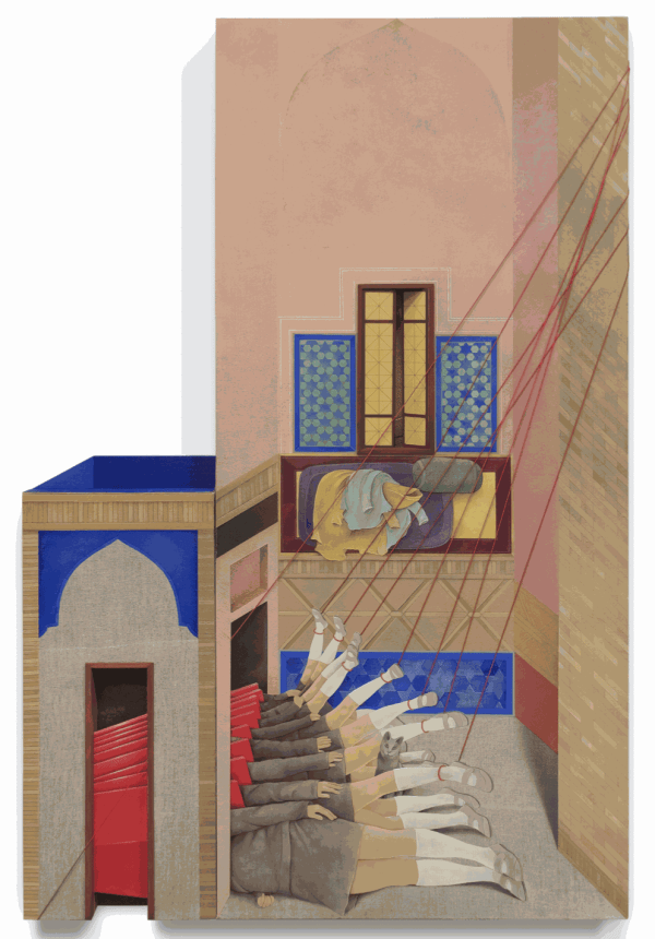 Arghavan Khosravi, Our Life Was A Limbo, 2018. Acrylic on linen canvas on wood panel, hand dyed cotton cord, 62 x 28 in.