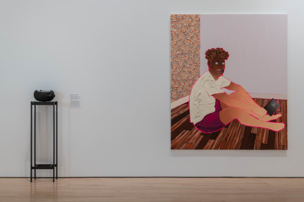 Installation view, Devan Shimoyama (American, born 1989), Black Gentleman, 2018, oil, color pencil, glitter, rhinestones, sequins, jewelry, fabric and Flashe on canvas, 84 x 72 inches, The Regional, June 2 - September 11, 2022, Charlotte Crosby Kemper Gallery, Kemper Museum of Contemporary Art, Kansas City, Missouri. Photo: E. G. Schempf, 2022.