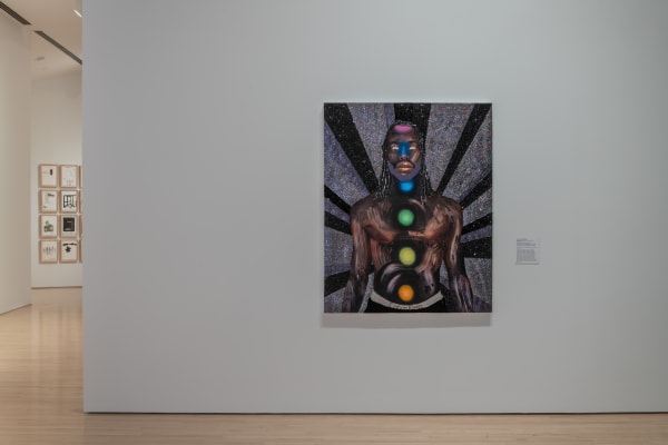 Installation view, Devan Shimoyama (American, born 1989), Chakra Chart (Anthony), 2021, oil colored pencil, glitter, acrylic and rhinestones on canvas stretched over panel, 60 x 48 inches, The Regional, June 2 - September 11, 2022, Charlotte Crosby Kemper Gallery, Kemper Museum of Contemporary Art, Kansas City, Missouri. Photo: E. G. Schempf, 2022.