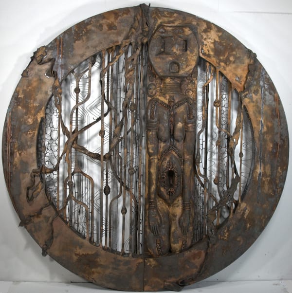 Alfred Conteh Conduit, 2015. Wood, epoxy dough, eps foam, steel wire, wire mesh, thermoadhesive plastic, thermoadhesive fabric, atomized steel dust, atomized bronze dust, urethane plastic, and acrylic. 96.75 x 96.75 x 8.5 in.
