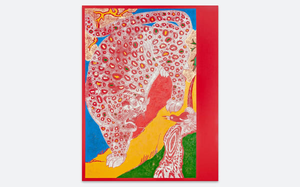 Kour Pour White Tiger of the West, 2020 Block printed on canvas with acrylic and oil 94 x 73 x 2 in 238.8 x 185.4 x 5.1 cm