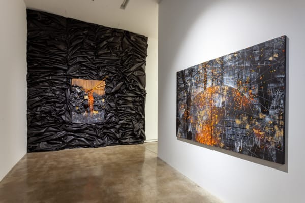 Michi Meko Baggage: Leave Me Better Than You Found Me., 2021 Acrylic, Gold Leaf, Oil Pastel, White Prismacolor Pencil (pc938), Areosol, Areosol Holigram Glitter, India Ink, Krink, Aluminium tent Pole, Paper Bag, Black Corner Store Plastic Bag, Wire, Parachord, Lantern, LED Lights, Duct- Tape, Fringe, Red Push Pen, Wood Screws, Nails, Patio Planks on Panel 40 x 64 x 8 in 101.6 x 162.6 x 20.3 cm