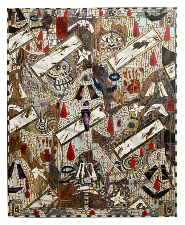 Cameron Welch Untitled, 2021 Marble Rain, Marble, glass, ceramic, quartz, stones, spray enamel, oil, and acrylic on panel in walnut frame 60 x 48 in 152.4 x 121.9 cm