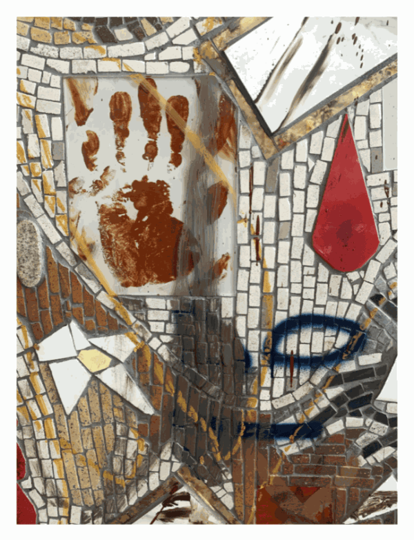 Cameron Welch Untitled, 2021 Marble Rain, Marble, glass, ceramic, quartz, stones, spray enamel, oil, and acrylic on panel in walnut frame 60 x 48 in 152.4 x 121.9 cm