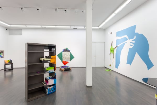 Jessica Stockholder Poles Apart, 2017 Steel bookcase with four shelve, six discarded electronic elements, oil paint, sheep, wool, and wire. 68 1/2 x 35 x 15 in 174 x 88.9 x 38.1 cm