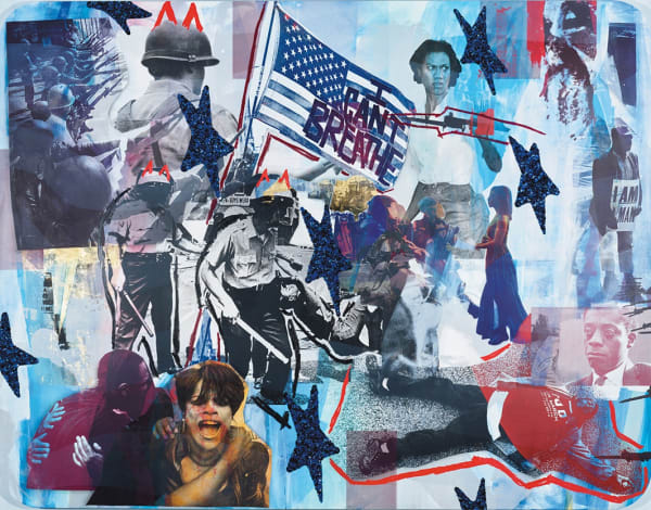 Mickalene Thomas, Resist #2, 2021. Acrylic, oil stick, rhinestones, and glitter on canvas mounted on panel, 84 × 108".