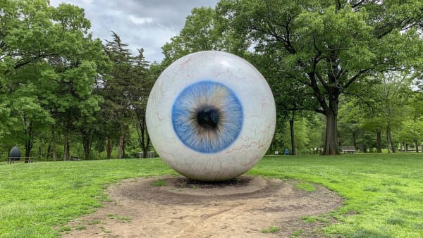 Eye, by Tony Tasset, is a 2007 sculpture on display at Laumeier Sculpture Park. Courtesy of Laumeier Sculpture Park.