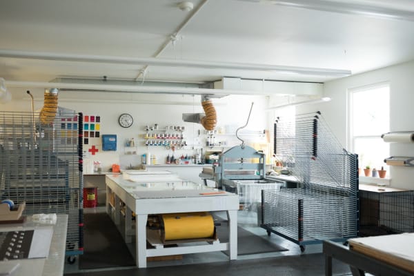 The print studio at Crow’s Shadow. Artists work closely with a master printer and produce an edition of about 20 prints.Credit...Celeste Noche for The New York Times