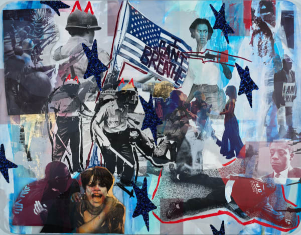Mickalene Thomas, Resist 2, 2021, acrylic, oil stick, rhinestones, and glitter on canvas mounted on panel, 84 × 108 × 2 in.