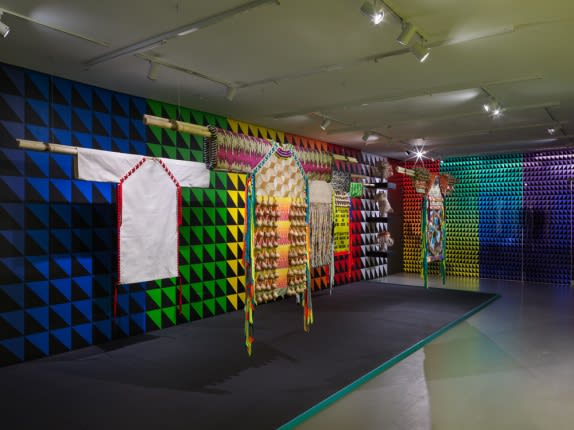 “Jeffrey Gibson: The Anthropophagic Effect,” 2019. Exhibition view: New Museum, New York. Photo: Maris Hutchinson / EPW Studio