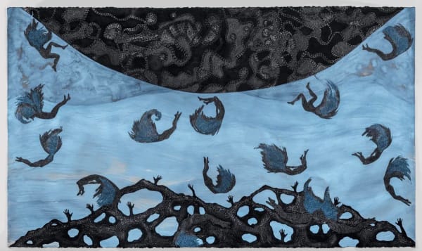Alisa Sikelianos-Carter, There’s a Wave in Every Cell, 2022. Acrylic, gouache, black mica, pearl mica, and glitter on archival paper, 42 x 72 in. Courtesy of the artist.