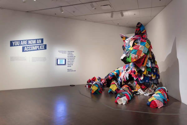 Installation view of Each/Other, with a joint work by Marie Watt and Cannupa Hanska Luger