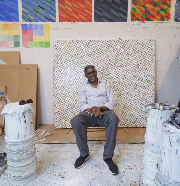 James Little in his Williamsburg, Brooklyn, studio with one of his White Paintings. Photo by Thomas Barratt.