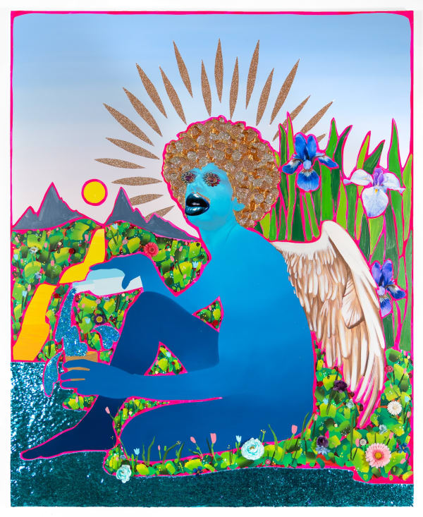Devan Shimoyama, Tempérance (2022). Oil, coloured pencil, collage, Flashe, sequins, jewellery, glitter, and silk flowers on canvas. 213.36 x 172.72 cm. Courtesy the artist and Kavi Gupta.