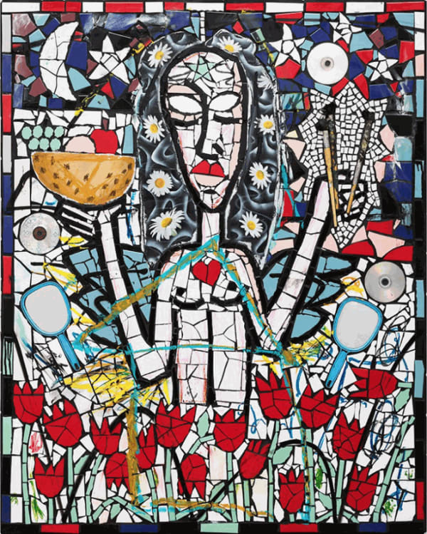 CAMERON WELCH, PERSEPHONE. OIL, ACRYLIC, SPRAY, COLLAGE, FOUND OBJECTS, AND CERAMIC ON PANEL. 60 X 48 INCHES. 2018