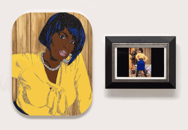 Mickalene Thomas, Ain’t I a Woman, 2009. Video (color, sound; 3:33 min.), and rhinestone, acrylic and enamel on panel. Dimensions: Panel: 36 x 28" (91.4 x 71.1 cm) Framed Monitor: 17 3/4 x 24 x 5 3/8 in.