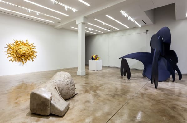 Tony Tasset, Angry Sun, 2018, fiberglass, paint, and gold leaf, 72 x 72 x 24 inches. Edition of 3 plus one AP