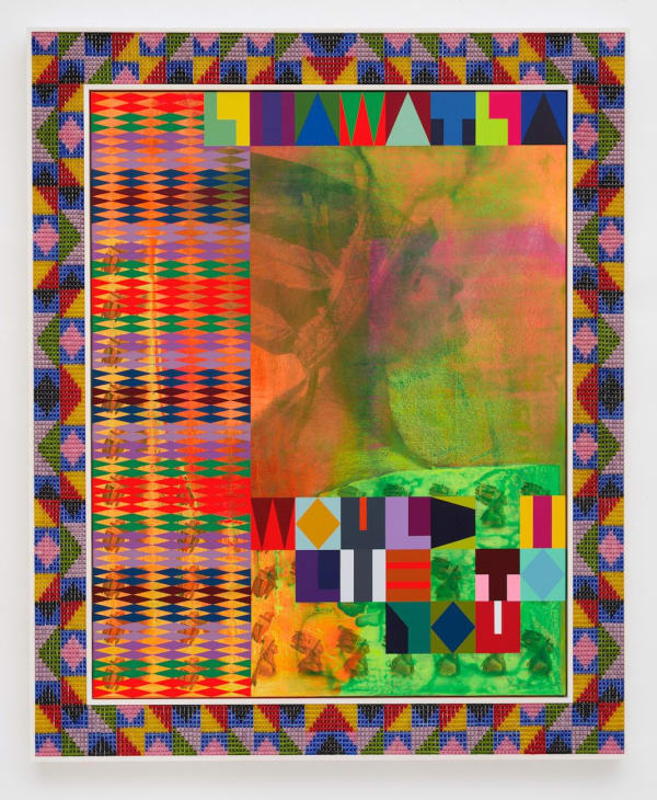 Jeffrey Gibson, WOULD I LIE TO YOU, 2021 Printed canvas, acrylic paint, rice paper 141.6 x 116.2 x 6.7 cm. Courtesy of the artist and MOCA Toronto.