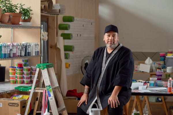 Jeffrey Gibson in his studio, 2020. Photo: Taylor Dafoe.