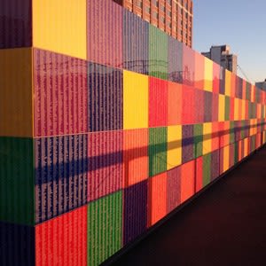 TONY TASSET, ARTISTS MONUMENT, 2014. ETCHED ACRYLIC MOUNTED ON STEEL AND WOOD. COLLECTION OF THE ARTIST; COURTESY KAVI GUPTA, CHICAGO