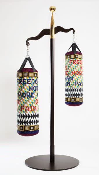 Jeffrey Gibson (Mississippi Band Choctaw/Cherokee), OUR FREEDOM IS WORTH MORE THAN OUR PAIN, 2017. Glass beads, artificial sinew, acrylic felt, steel and brass; 114 x 71 x 42 in. Collection of Vicki and Kent Logan. Courtesy of the artist
