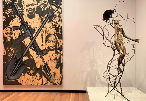 Alfred Conteh, A Charge to Keep (left), painting, and Float (left), mixed media, 2014.