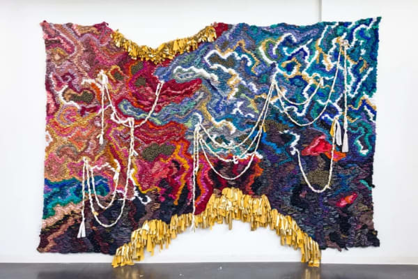 Suchitra Mattai, An Ocean Cradle, 2022. Vintage saris, fabric, and ghungroo bells, 10 by 15 ft. Photo: Wes Magyar