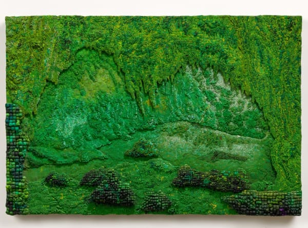 Roxy Paine, Green Cave, 2021. Wood, epoxy, stainless steel, lacquer, oil paint, 30 1/2 x 45 1/4 x 6 in.