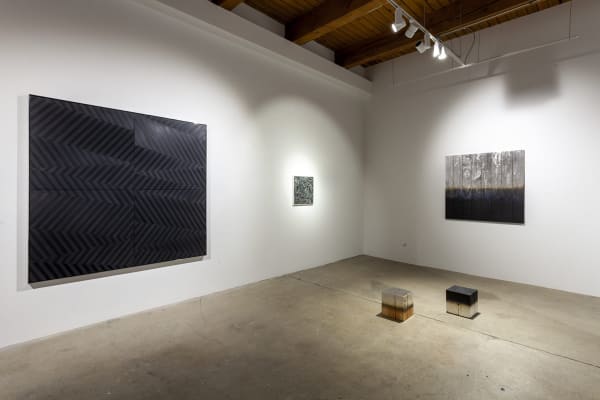 Installation view, Abstraction & Social Critique, 2021. From left to right: Works by James Little, Jack Whitten, and Miya Ando. Sculptures by Miya Ando.