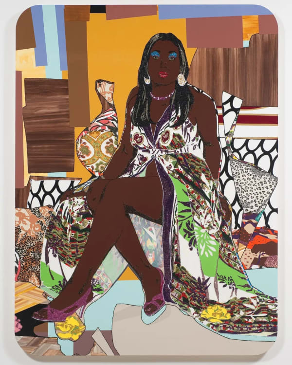 Mickalene Thomas, Love’s Been Good to Me #2, 2010. Rhinestones, acrylic, and enamel on wood panel. 96 x 72 inches. Photo: Mickalene Thomas/ Collection of Jeffrey N Dauber and Marc A Levin.