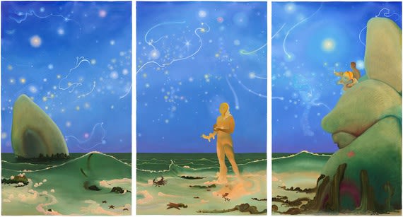 Inka Essenhigh, Aquarius, 2014, oil on paper, three panels 84” x 52” inches each