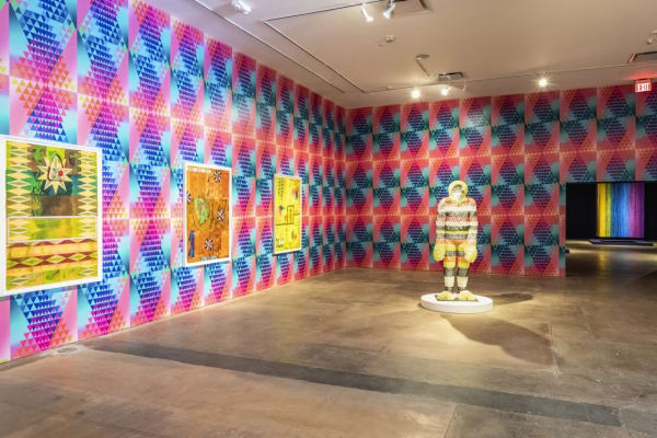 Multiple works installed in Jeffrey Gibson: The Body Electric at SITE Santa Fe. Shayla Blatchford / via SITE Santa Fe