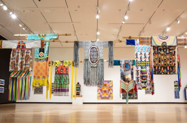 Installation view of Jeffrey Gibson: This Is the Day at the Ruth and Elmer Wellin Museum of Art at Hamilton College, Clinton, NY (image courtesy of the Ruth and Elmer Wellin Museum of Art, photograph by John Bentham)