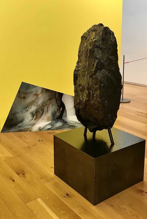 Elaine Byrne Blazing World 2020 combinatory coded narrative video, adhesive photo and sculpture ( rolled steel and anthracite coal)