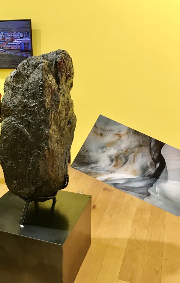 Elaine Byrne Blazing World 2020 combinatory coded narrative video, adhesive photo and sculpture ( rolled steel and anthracite coal)
