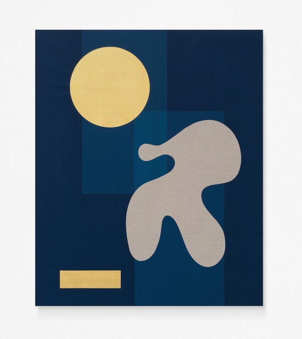 Painting with a dark blue background, 2 transparent blue rectangles overlapping vertically in the center with a gold leaf circle in the top middle left, a grey amorphous shape in the center, and a gold leaf horizontal rectangle in the bottom left.
