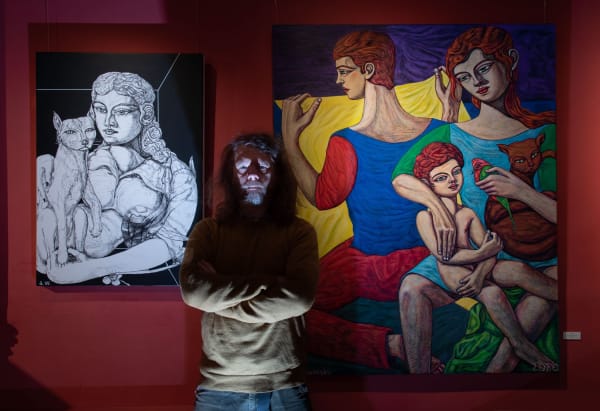 Art-dealer Tony Davidson with work by Adrian Wiszniewski, Kilmrorack Gallery 2021